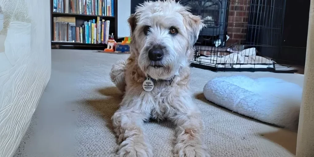 Wheaten Terrier mix lying calmly on carpet near a dog crate and bookshelf.